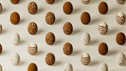 dark and white chocolate eggs arranged in rows seen from isometric camera, 3d rendering