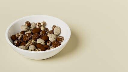 dark and white chocolate eggs inside a white bowl, 3d illustration