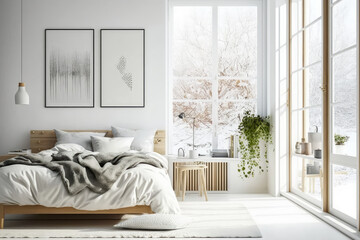 Bright and airy modern scandinavian bedroom with light wood accents, generative ai