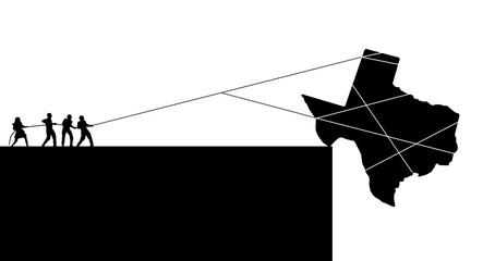 The state of Texas, USA, is seen on the brink. A silhouette of the state is about to fall over a cliff as silhouettes of people with ropes hang on to prevent the disaster. © Rob Goebel