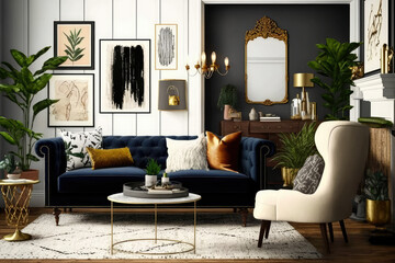 Chic and inviting living room with mix of vintage and modern elements, generative ai