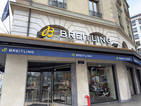 Geneva, Switzerland - Jan 12, 2023: Breitling boutique in Geneva. Breitling SA is a Swiss luxury watchmaker.