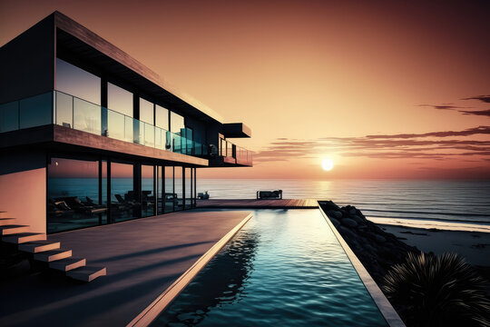 Contemporary Oceanfront Home with Infinity Pool at Sunset, generative ai