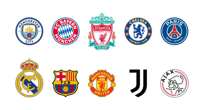 Official UEFA top-10 football clubs logo. Set of european football or soccer club logo - Manchester City, FC Bayern Munchen, Liverpool, Chelsea, PSG, Real Madrid, Barcelona, MU, Juventus, Ajax. Vector