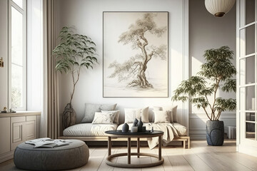 Elegant and minimalistic living room with japandi style design, generative ai