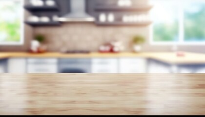 Stylish Wooden Table Top on Blurred Kitchen Background - Ideal for Product Displays and Design Layouts created by generative AI