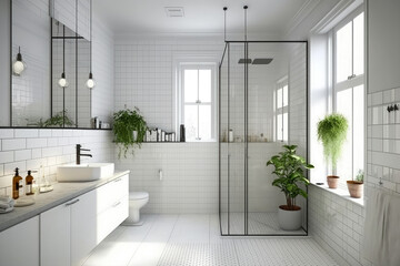 Elegant bathroom in a modern Scandinavian loft apartment with clean lines, white tiles and a large shower, generative ai