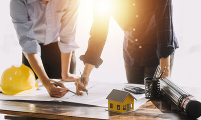 Architect concept, Architects working with blueprints in the office, Vintage Effect