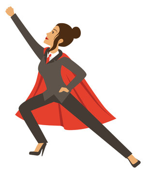 Superhero Business Woman In Confident Action Pose And Red Cape