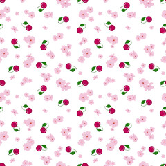  Seamless floral pattern with cherry sakura berries and flowers on white background. Hand-drawn vector illustration. Cover design, wallpaper, packaging, wrapping paper.  