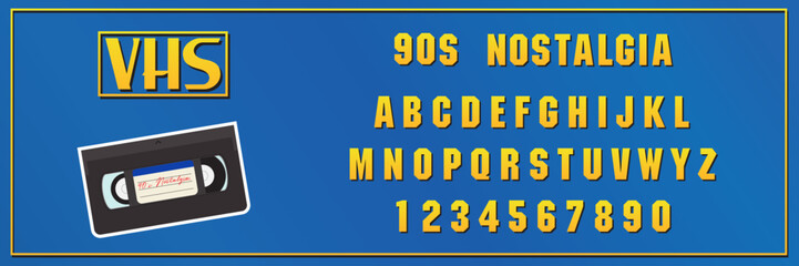 Alphabet inspired by 90's Nostalgia, VHS and Movies. Vintage letters and numbers collection. VCR Retro Typography. Typeface in analog style. Yellow and blue colors.
