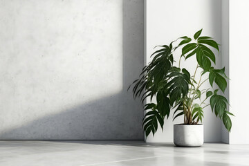 Lush green indoor plant with broad leaves on white tiled floor, minimalist concrete wall as backdrop, generative ai