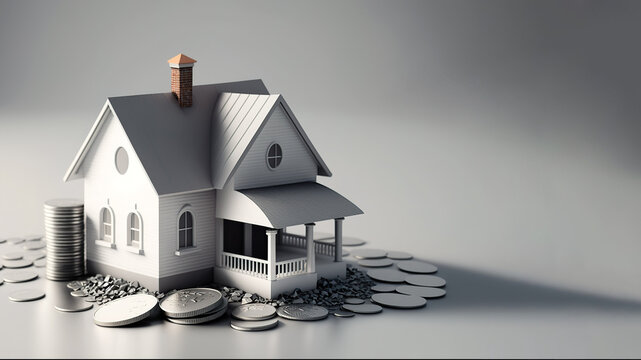 Real Estate investment concept. 3D render style of house mock up with stacks of coins. Copy space for advertisement. Generative AI Illustration
