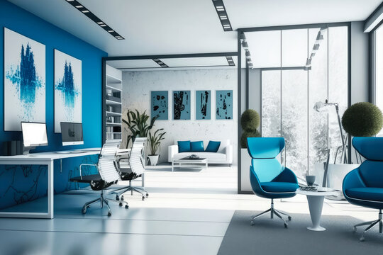 Luxurious and bright white and blue open space office with modern furnishings, generative ai