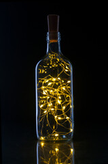 Bottle with string lights on a black background