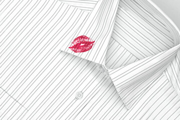 Men's shirt collar with kiss mark. Red lipstick mark on clothes February 14th Valentine's Day.Stain...