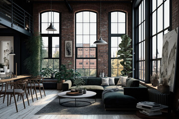 Open Concept Living Room in an Industrial Loft, Floor-to-Ceiling Windows and Views of the City, generative ai