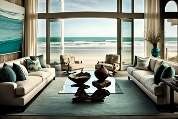 Opulent beach house living room with stunning oceanfront vista, generative ai