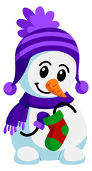 Cute snowman with sock. Smiling winter holidays mascot