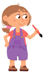 Painting kid charcater. Pretty girl artist with brush