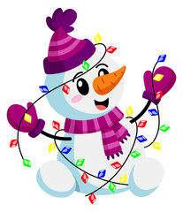 Funny snowman with christmas lights. Winter holiday mascot