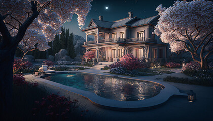 Villa with garden and pool, flowers, 3d render, generative ai