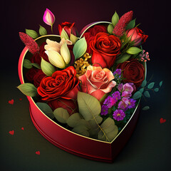 a beautiful valentine's gift a box of chocolates and many flowers of all colors