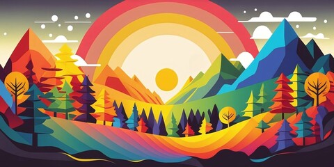 Abstract illustration of a landscape in vibrant rainbow colors and adds an extra burst of color. Generative AI