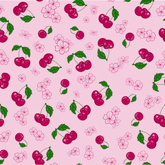 Seamless pattern of flower and berry blossoming cherry on pink background. Hand drawn floral ornament. Design for wallpaper, wrapping, print, fabric, wrapping paper, cover.