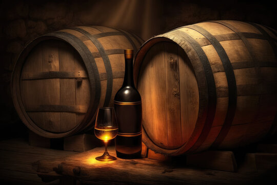 A detailed image of a winery cellar showing stacks of wooden barrels filled with aging vintage wines. AI generative