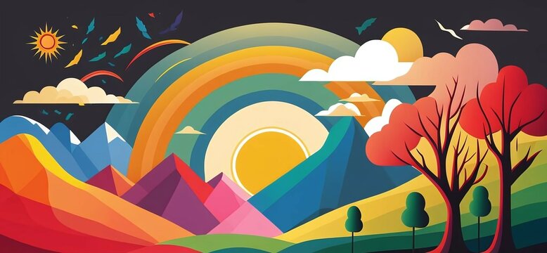 Abstract illustration of a landscape in vibrant rainbow colors and adds an extra burst of color. Generative AI