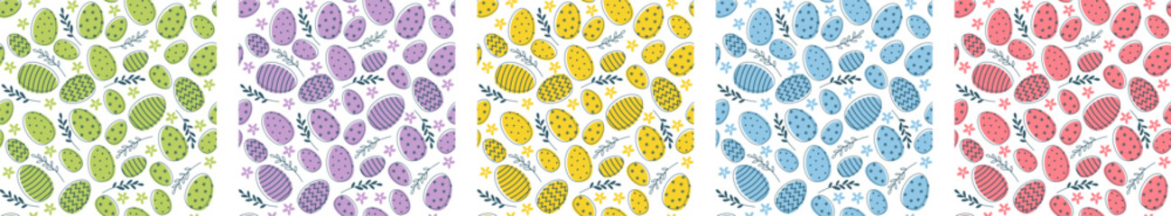 Easter seamless pattern set: eggs, plants, flowers in pastel colors; spring banners, posters, cover design templates, social media, wallpapers and greeting cards, fabrics. Flat vector illustration.
