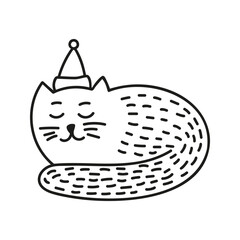Hand drawn adorable cat with celebration cap. Doodle vector illustration