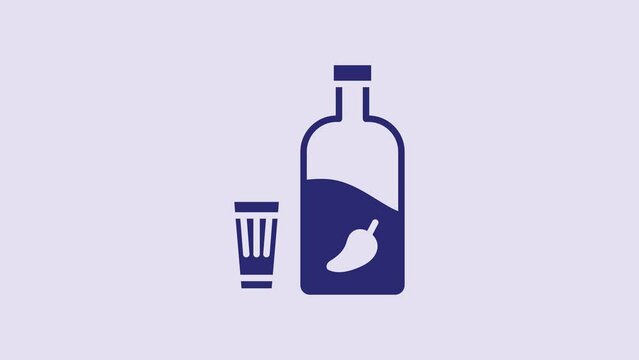 Blue Vodka with pepper and glass icon isolated on purple background. Ukrainian national alcohol. 4K Video motion graphic animation
