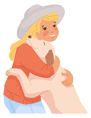 Kid with loving pet. Dog hugging with girl. Best friends