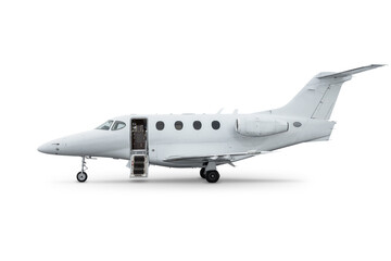 White modern business jet with an opened gangway door isolated on transparent background