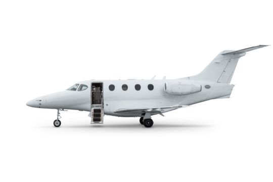 White modern business jet with an opened gangway door isolated on transparent background