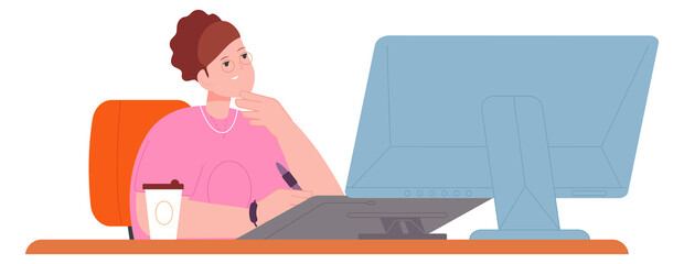 Woman working at computer with coffee cup. Freelancer workplace