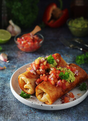 A typical dish of Mexican cuisine - Chimichanga, made of tortilla with different ingredients