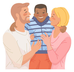 Parents hugging with son. Happy family laughing together