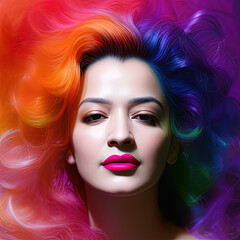 Fototapeta premium Generative AI abstract multicoloured long wavy hairs portrait of gorgeous woman with bright creative make up, abstract hairstyle. rainbow clouds, Beauty and fashion concept