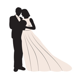 bride and groom in white dress silhouette isolated, icon, vector