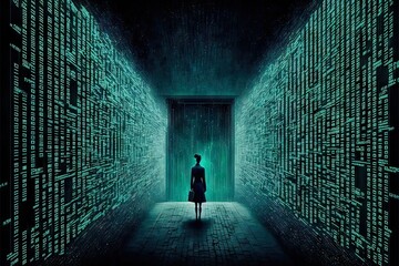 Digital cyberspace:  silhouette of a person standing in the middle of corridor made of arrays of symbols flying around in matrix style. AI