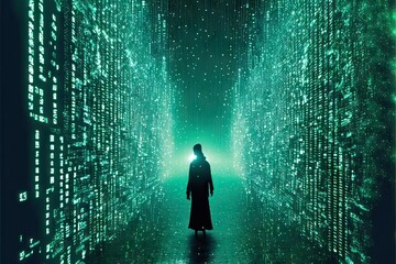 Digital cyberspace:  silhouette of a person standing in the middle of corridor made of arrays of symbols flying around in matrix style. AI
