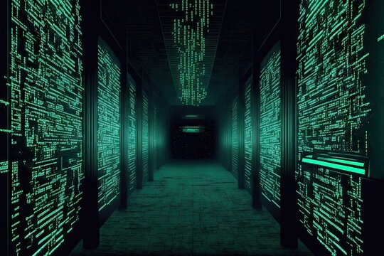 Digital cyberspace: arrays of symbols flying around in matrix style. AI