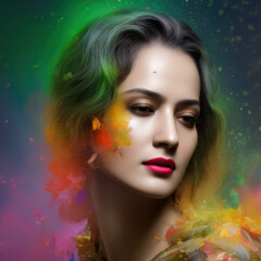 Fototapeta premium Generative AI abstract multicoloured long wavy hairs portrait of gorgeous woman with bright creative make up, abstract hairstyle. colorful clouds, face paint, Beauty and fashion concept