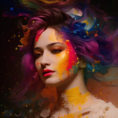 Obraz premium Generative AI abstract multicoloured long wavy hairs portrait of gorgeous woman with bright creative make up, abstract hairstyle. colorful clouds, face paint, Beauty and fashion concept