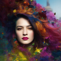 Obraz na płótnie Canvas Generative AI abstract multicoloured long wavy hairs portrait of gorgeous woman with bright creative make up, abstract hairstyle. Beauty and fashion concept