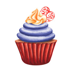 Sweet cupcake with decor and cream painted in watercolor and isolated on a white background