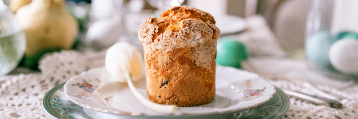 happy easter holiday in springtime season. natural homemade baked cake on plate on table. festive...